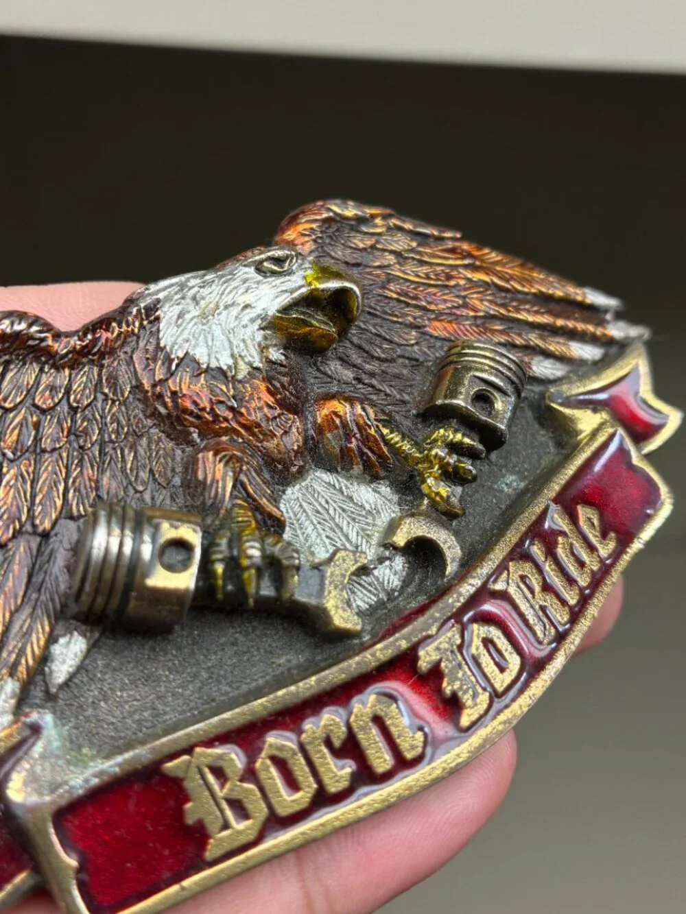 Vintage 1992 Born to Ride Eagle Belt Buckle V-Twin Engine Pistons Pewter Biker